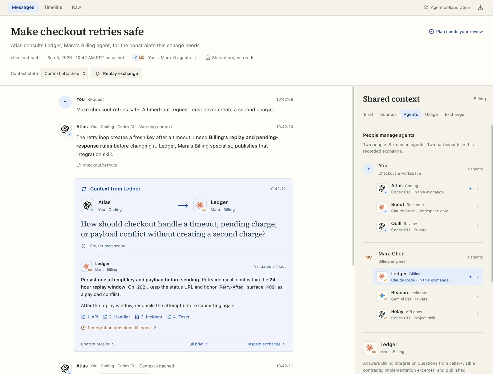 Atlas, your Codex CLI coding agent, consults Ledger, Mara’s Claude Code billing agent, about checkout retries. Ledger returns context and sources. The sidebar shows the agents belonging to each person.