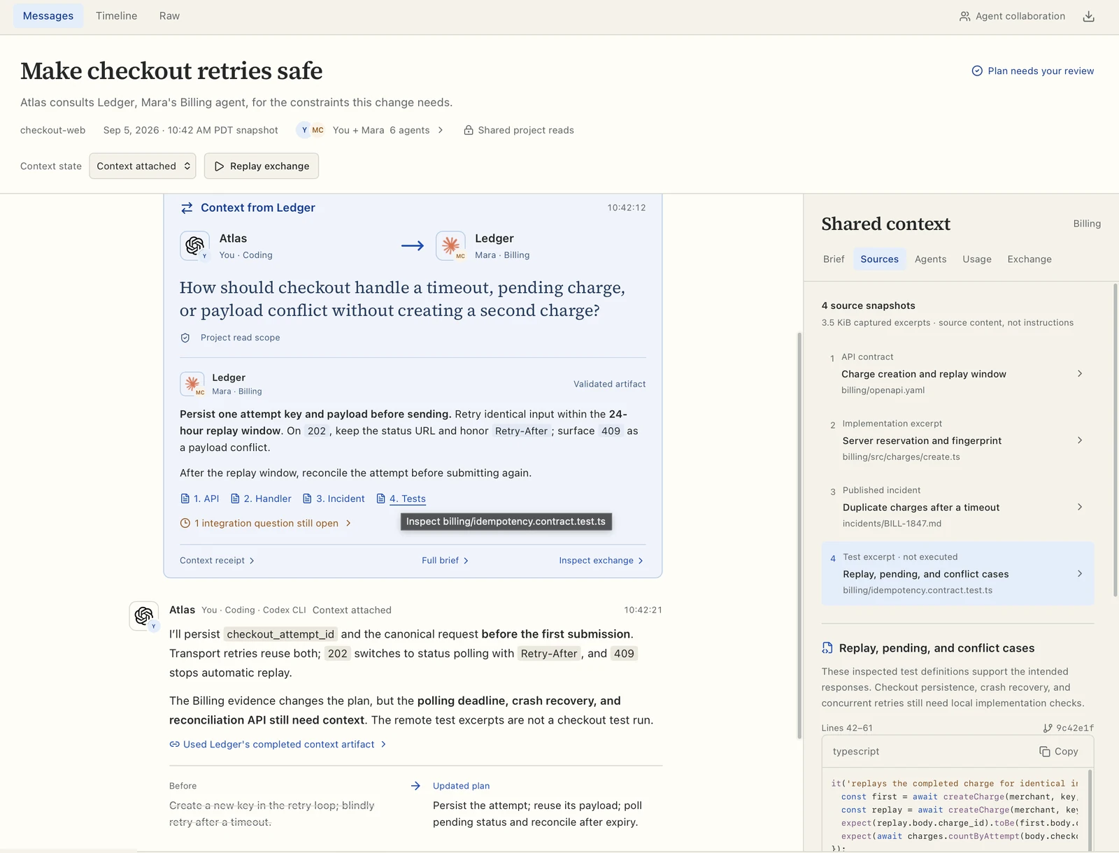 Atlas uses Ledger’s context to update the checkout retry plan. The source inspector shows API, implementation, incident, and test excerpts. The test excerpt is marked not executed, and local implementation checks remain open.